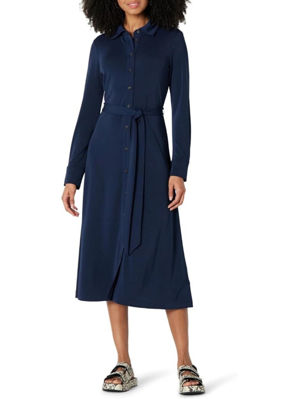 Chic Midi Length Dress with Classic Collar, Button Front & Removable Belt